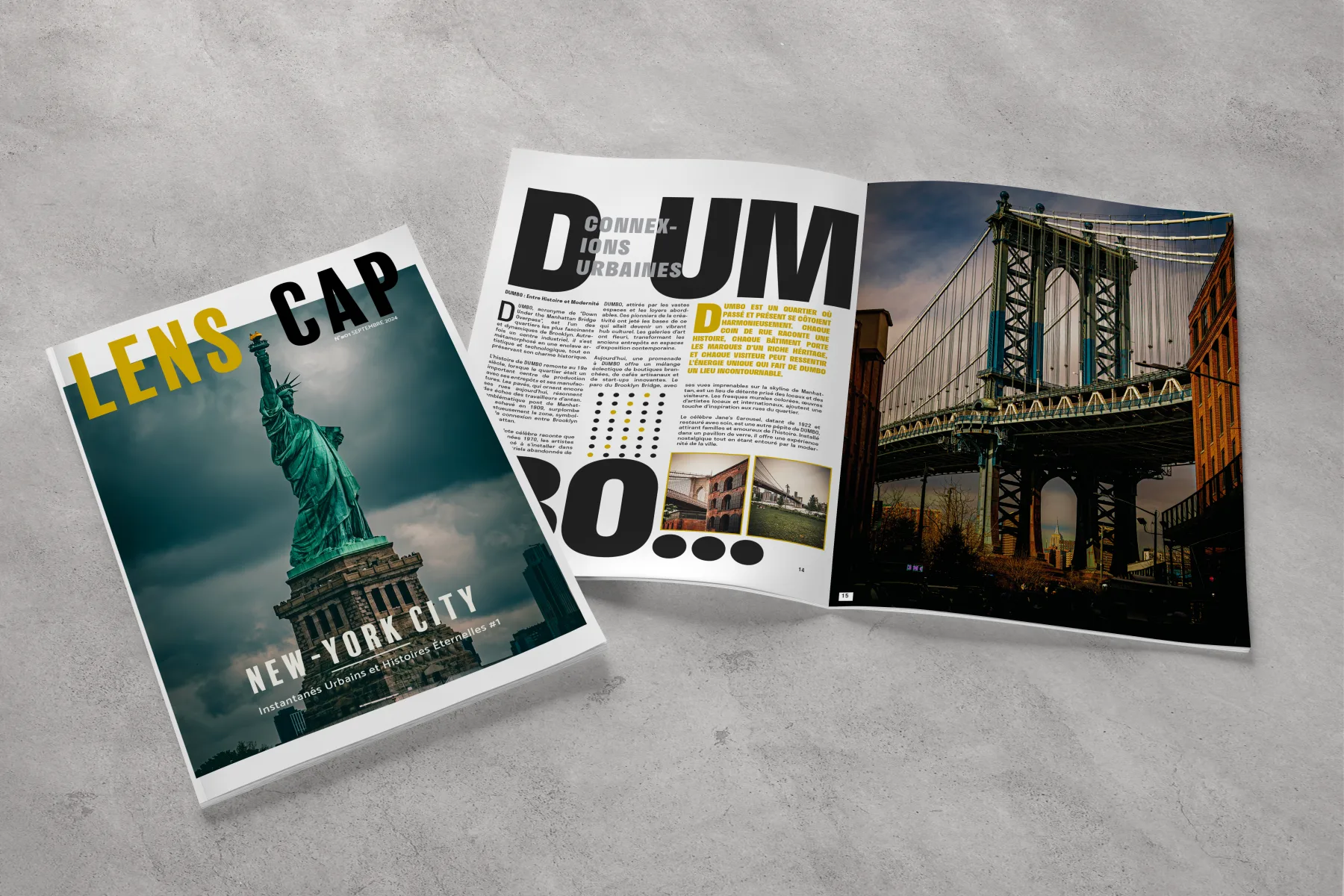 Lens Cap New York City, couverture et double page du magazine